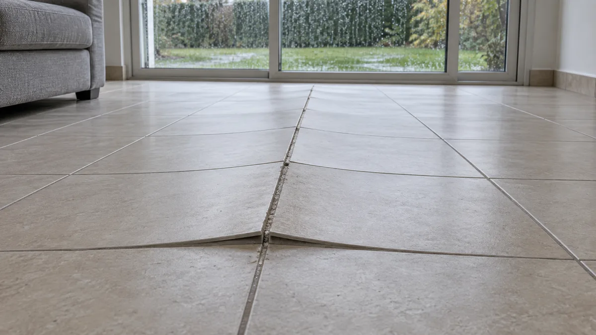 Carrelage de séjour soulevé en toit au milieu de la pièce d'une maison de plain-pied, avec la pluie qui ruisselle sur la baie vitrée donnant sur un jardin détrempé