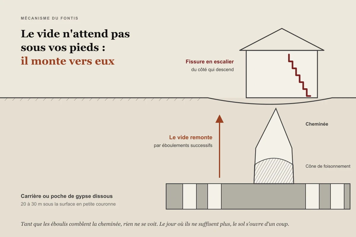 Coupe détaillée d'un fontis : une cheminée d'éboulement remonte depuis une ancienne carrière vers la surface, un cône de foisonnement comble sa base, et la maison en surface présente une fissure en escalier du côté qui descend