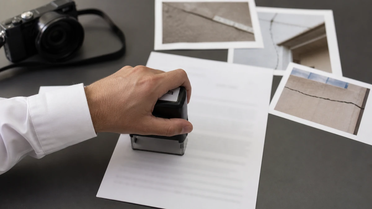 Une main appose un tampon officiel sur un procès-verbal de constat, un appareil photo et des tirages de photos de fissures de façade posés à côté sur un bureau