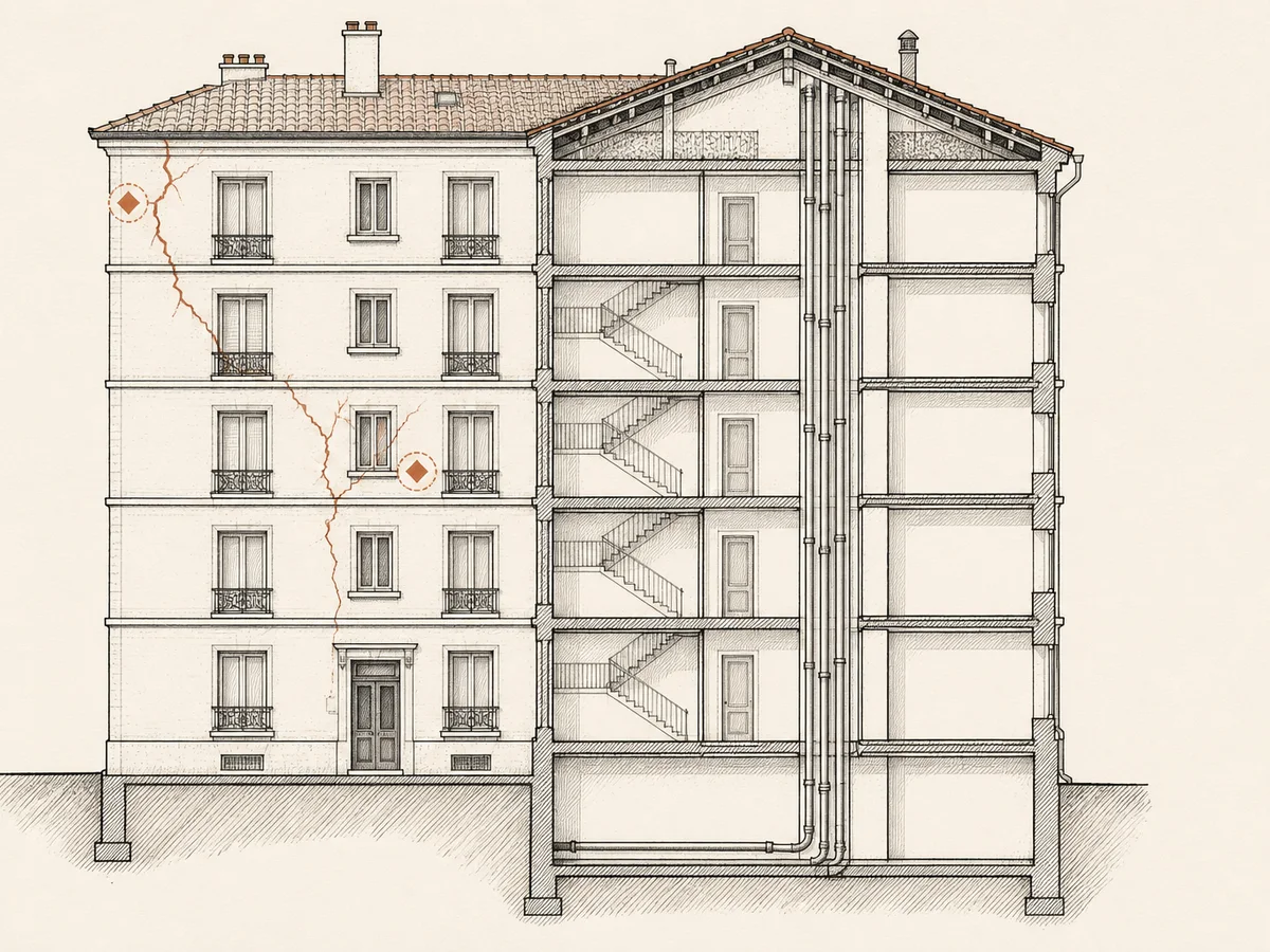 Illustration technique en coupe d'une façade d'immeuble montrant la localisation de plusieurs fissures.