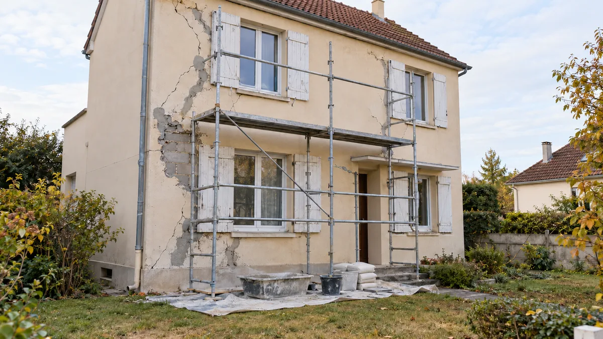 Petite maison locative en travaux après la sécheresse, échafaudage contre la façade et fissures en cours de reprise dans l'enduit