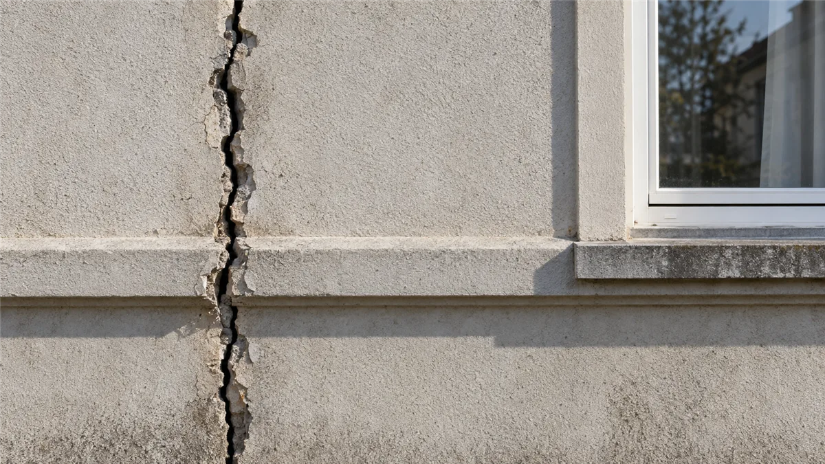 Fissure verticale rectiligne traversant toute la hauteur de la façade d'un bâtiment long en maçonnerie