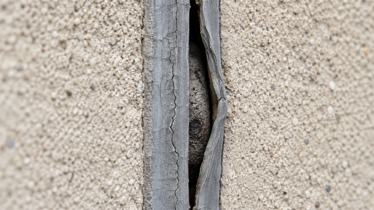 Gros plan sur un joint de dilatation de façade dont le mastic durci s'est décollé et fendu