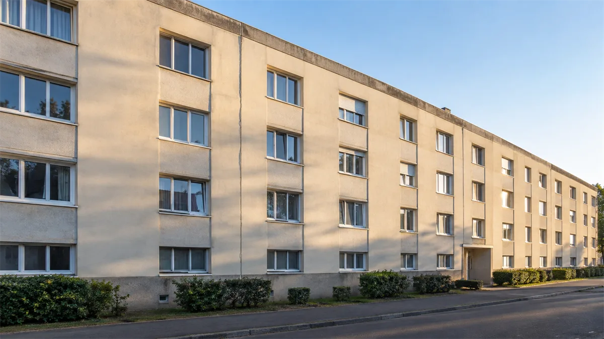 Façade longue de bâtiment collectif en béton enduit, fissure verticale rectiligne courant du bas au haut de la façade entre deux travées de fenêtres, aucune personne dans le cadre