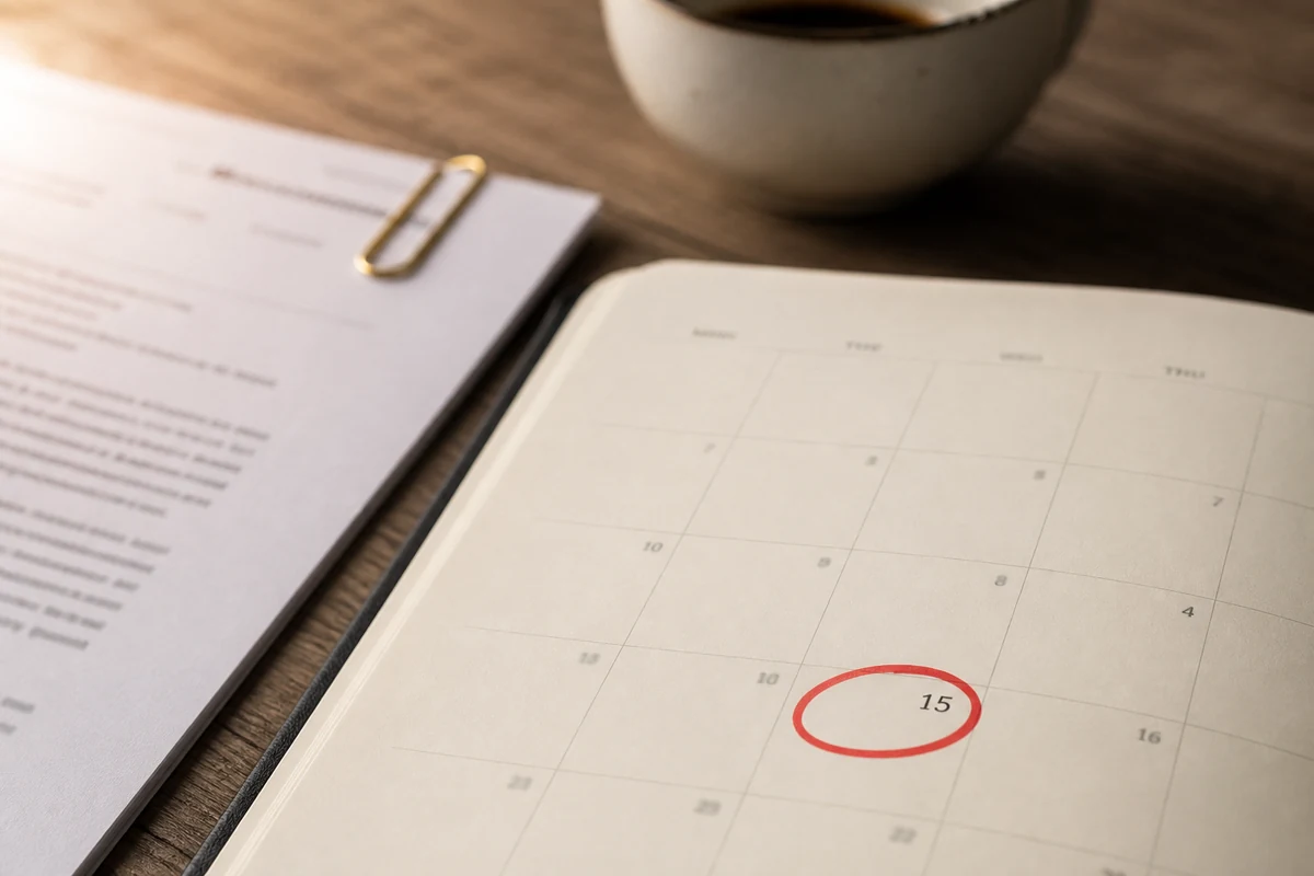 Agenda ouvert sur une page de calendrier avec une date entourée au feutre rouge, à côté d'un document administratif fixé par un trombone doré