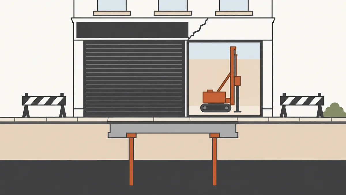 Illustration graphique en aplats d'une devanture de commerce au rez-de-chaussée, rideau métallique baissé, barrières de chantier devant la porte, une petite foreuse de micropieux visible à l'intérieur par la vitrine et une fissure en escalier qui remonte de l'angle de la vitrine