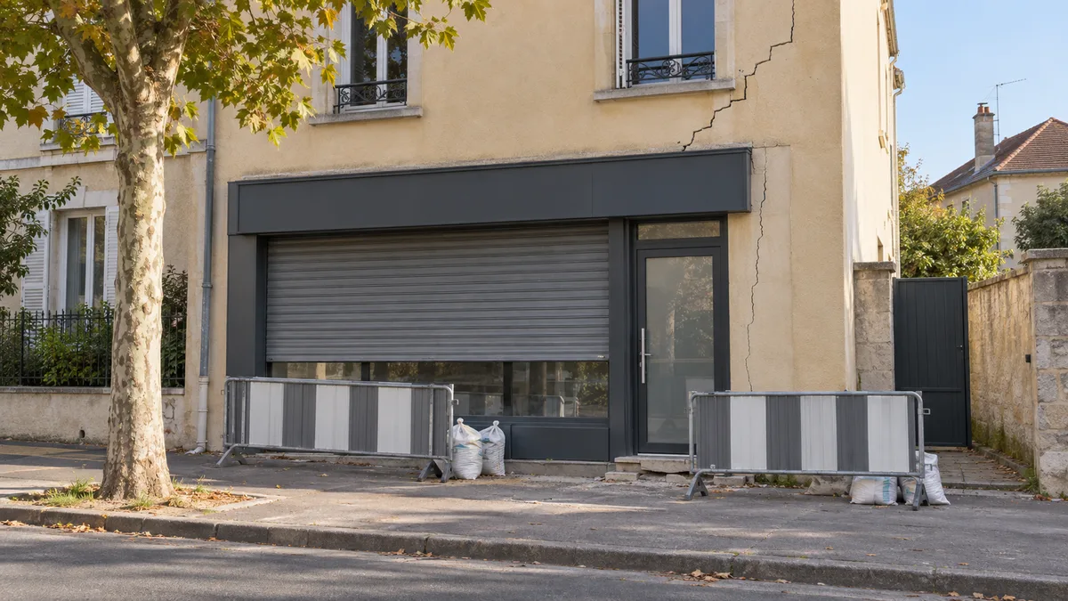 Boutique de centre-bourg francilien au rideau métallique baissé, avec une fissure en escalier qui monte de l'angle de la vitrine et des barrières de chantier sur le trottoir
