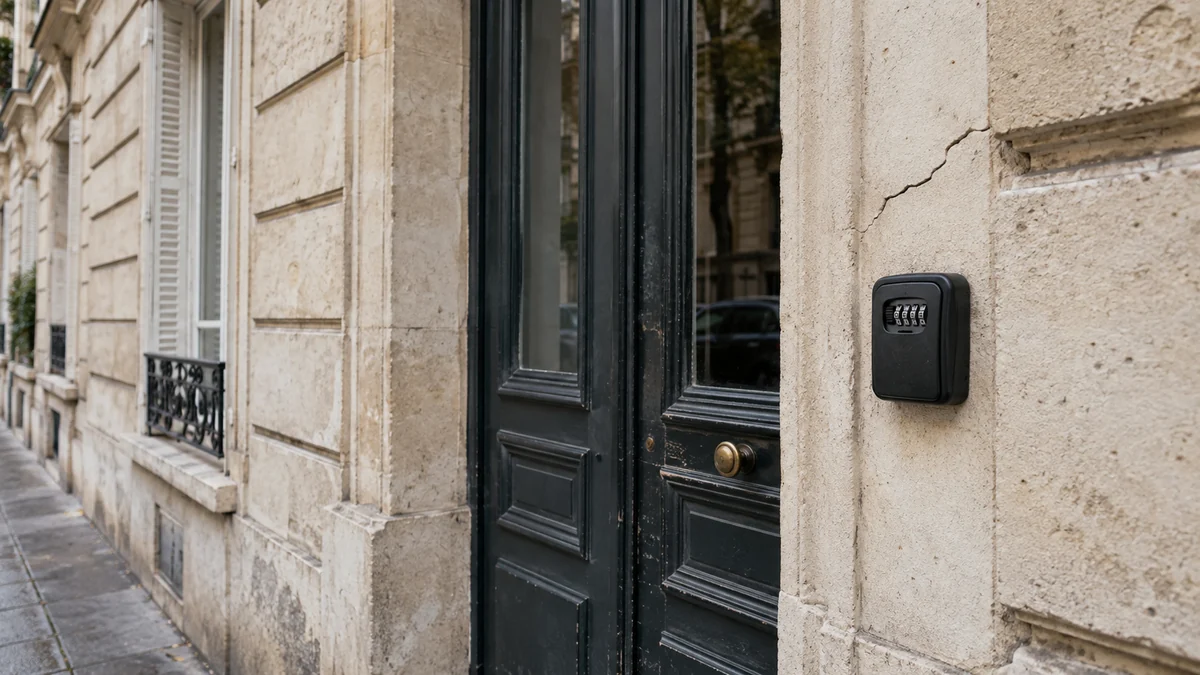 Façade d'un immeuble parisien avec boîte à clés de location courte durée près de la porte d'entrée, fissure discrète visible sur l'encadrement, aucune personne dans le cadre