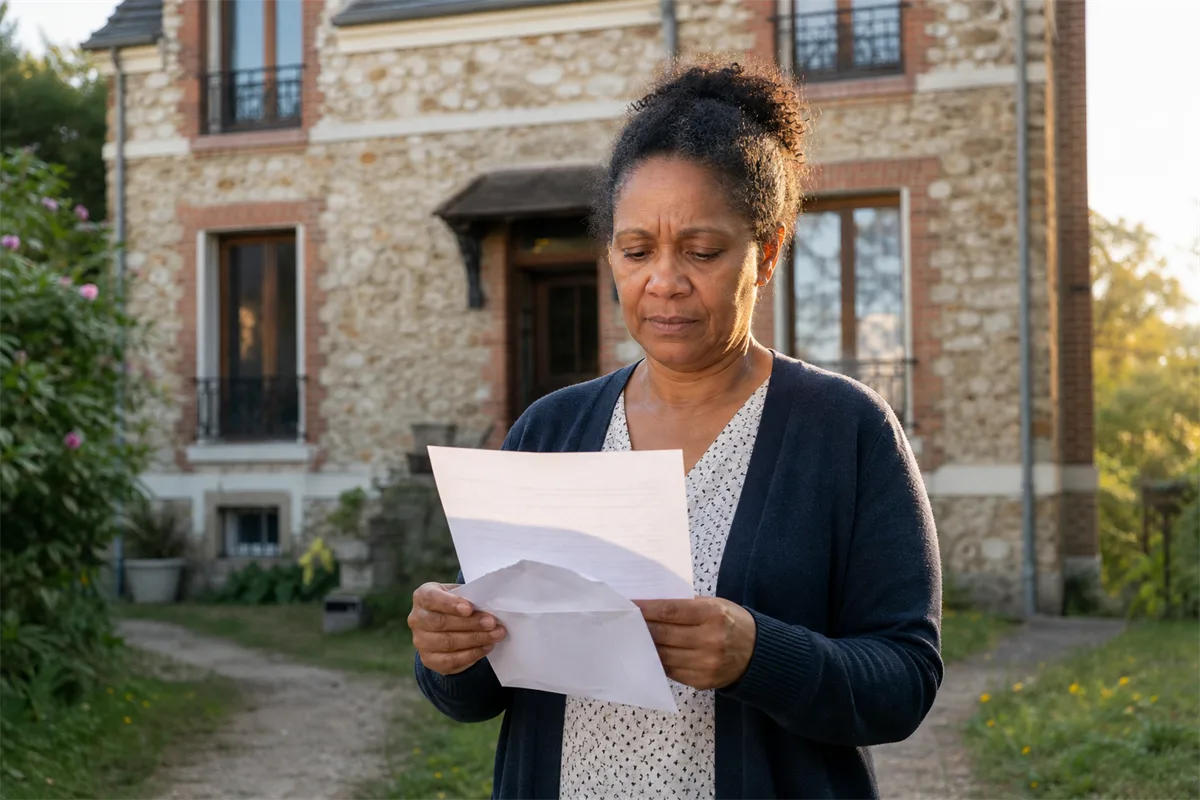 Un propriétaire tient un courrier d'assurance ouvert devant sa maison en meulière francilienne.