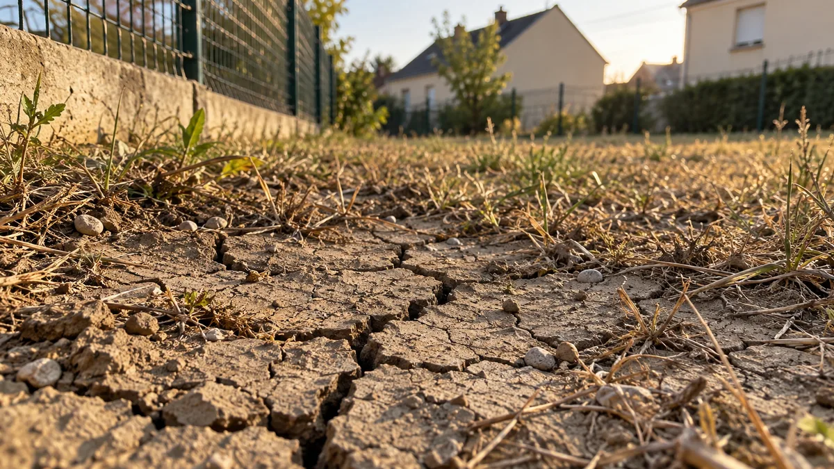Rue de lotissement pavillonnaire francilien en fin d'été, pelouses jaunies et sol craquelé en bordure de clôture devant plusieurs maisons alignées, aucune personne dans le cadre