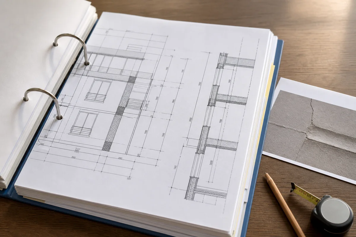 Gros plan sur un classeur de dossier technique PPPT ouvert, avec un plan de façade en coupe et une photo de fissure glissée à côté.