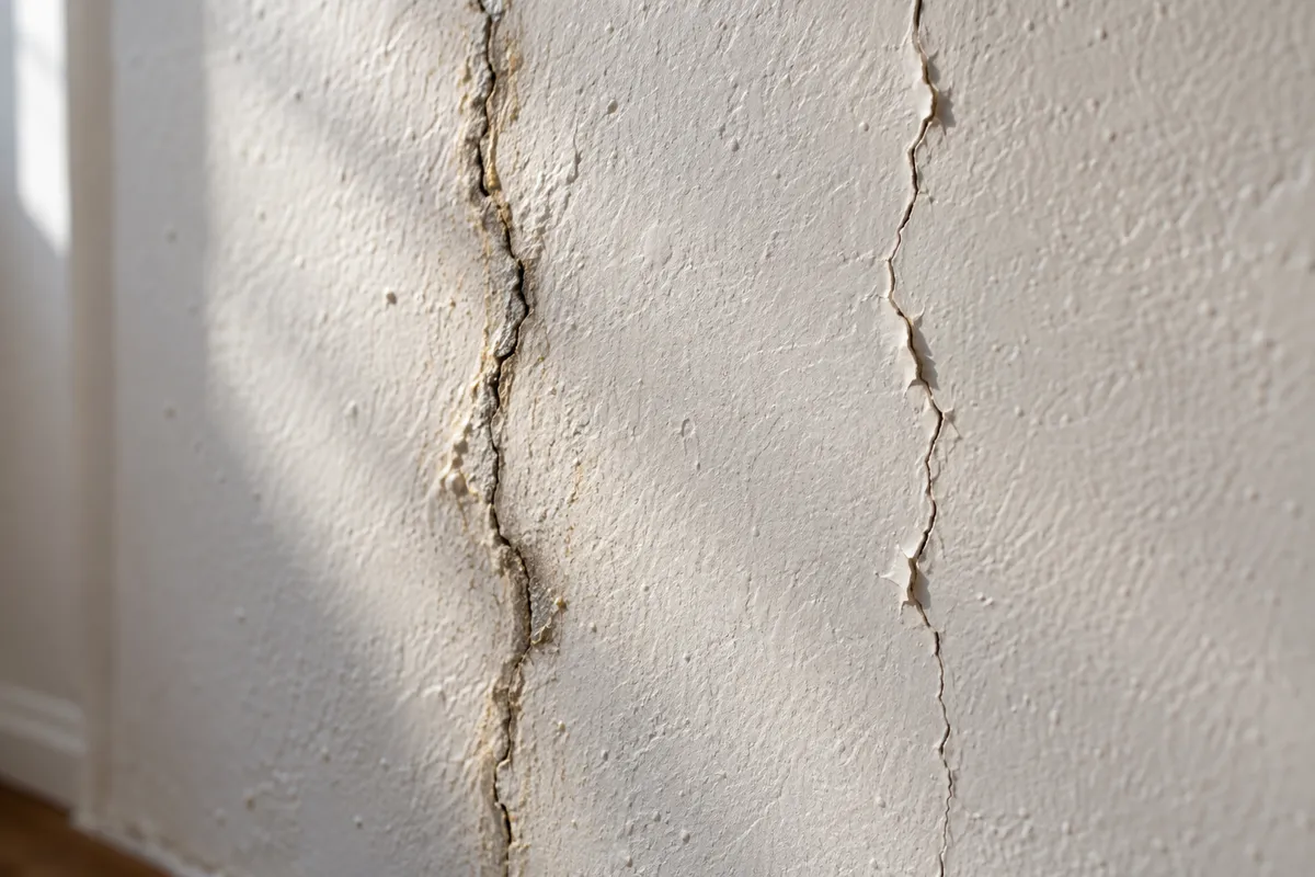 Gros plan comparant sur un même mur intérieur une fissure ancienne aux lèvres encrassées, remplies de poussière et de traces de peinture, et une fissure récente aux arêtes vives et propres qui traverse la peinture, aucune personne