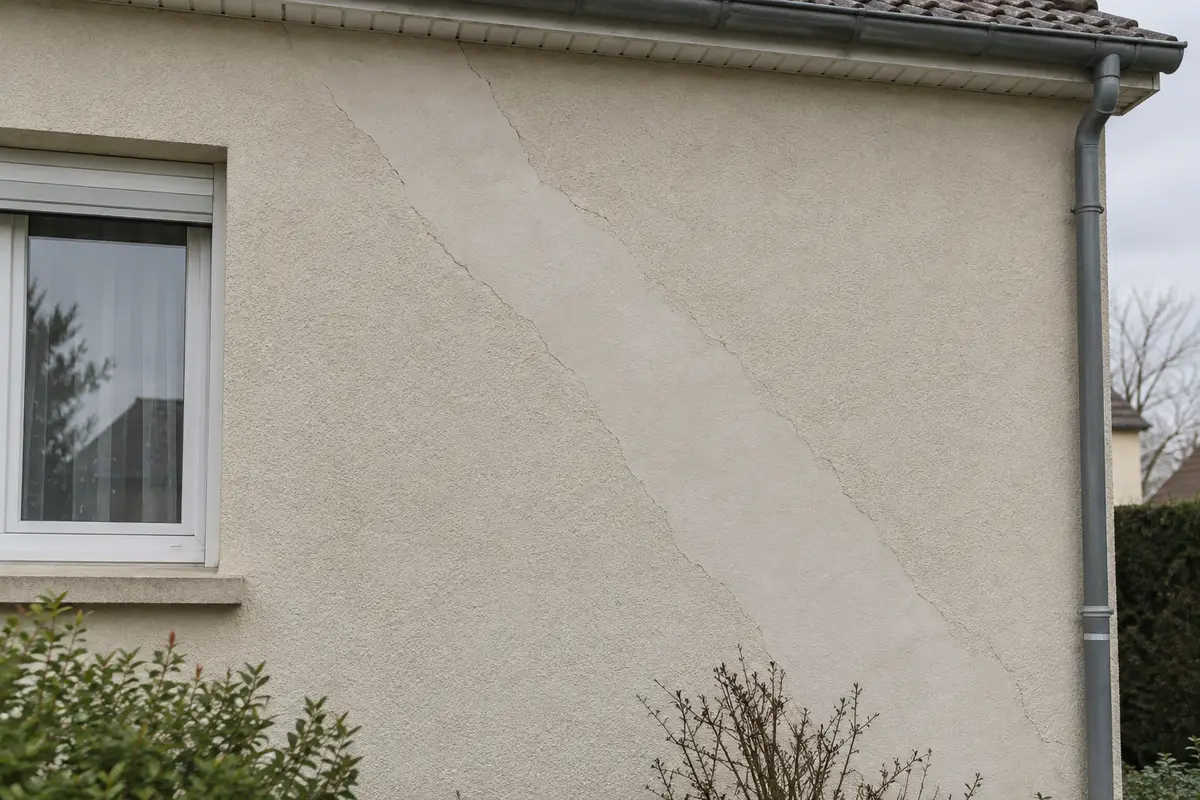 Façade enduite d'un pavillon d'Île-de-France avec une reprise d'enduit récente de teinte légèrement différente, en bande oblique, et une fissure qui se rouvre le long des bords de la reprise, aucune personne