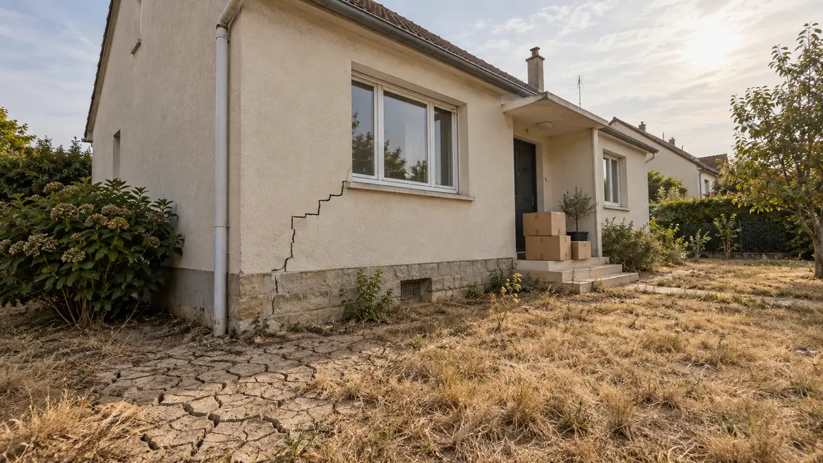 Pavillon d'Île-de-France en fin d'été de sécheresse, pelouse jaunie et terre craquelée au pied de la façade enduite traversée d'une fissure en escalier, cartons de déménagement empilés devant la porte d'entrée, aucune personne