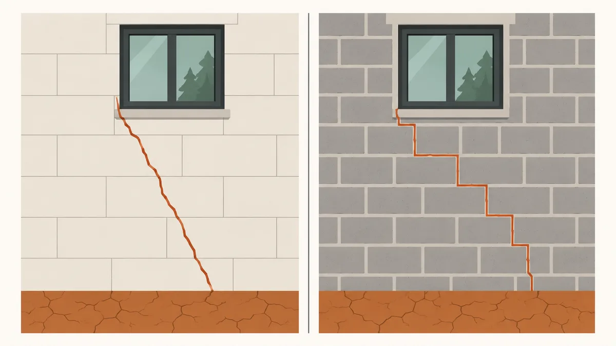 Deux murs côte à côte sous une fenêtre : à gauche, un mur en grands blocs collés où la fissure descend en ligne oblique à travers les blocs ; à droite, un mur en parpaing où la fissure descend en escalier dans les joints de mortier.