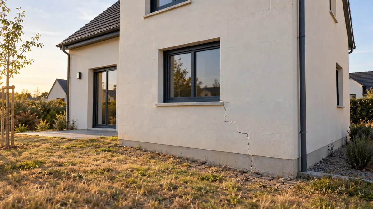 Maison récente enduite fissurée en escalier sous l'angle d'une fenêtre, pelouse jaunie par la sécheresse