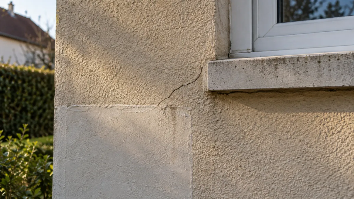 Façade enduite d'un pavillon montrant une bande d'enduit plus claire, trace d'une ancienne réparation de fissure, et une fissure récente qui part du bord de cette réparation vers l'angle d'une fenêtre