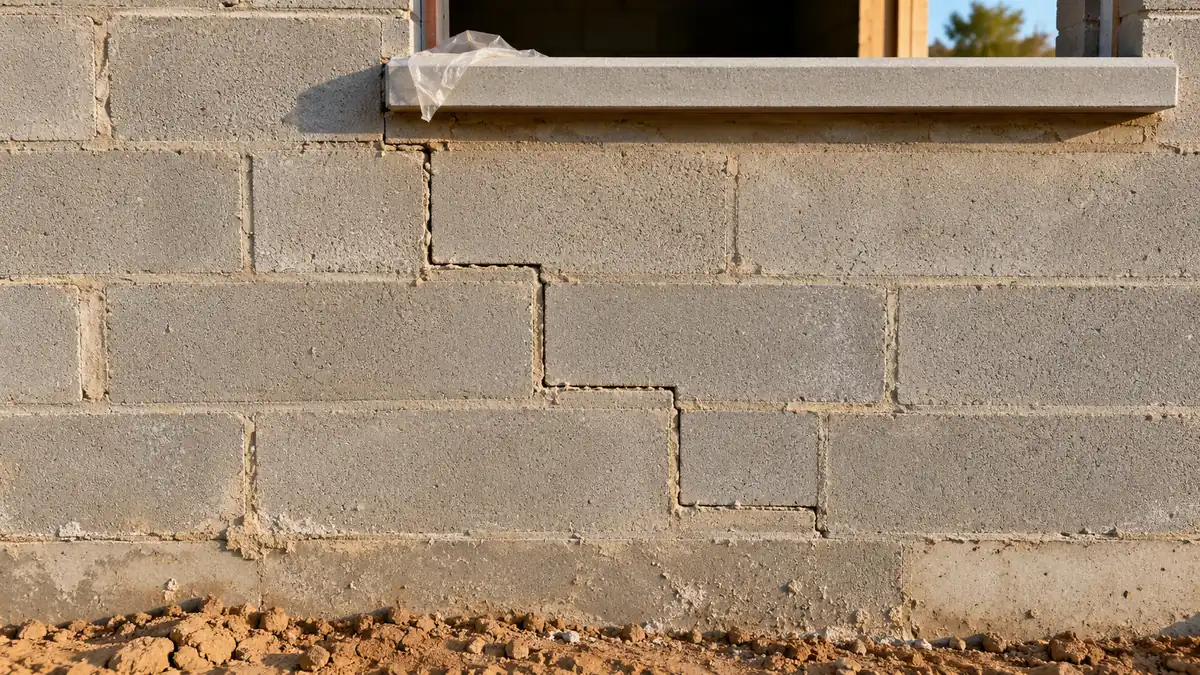 Fissure en escalier suivant les joints d'un mur en blocs béton brut sous l'appui d'une fenêtre, sur une maison en construction encore sans enduit