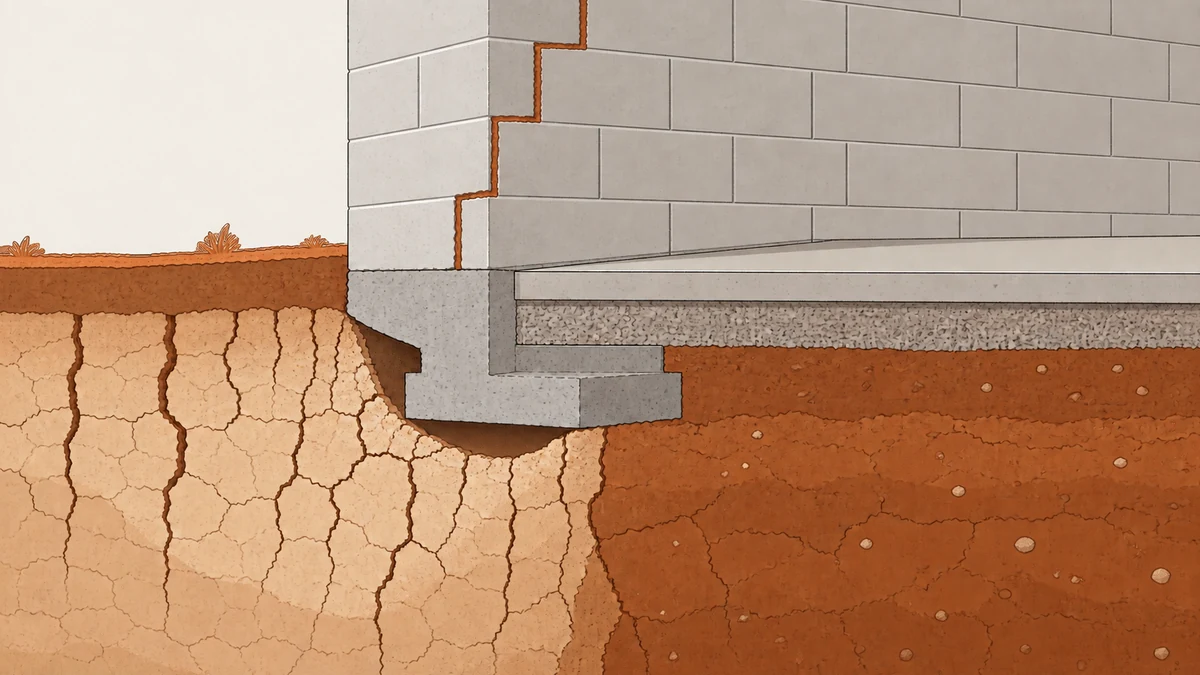 Illustration en coupe d'une semelle de fondation posée sur un sol argileux desséché, avec un vide qui s'est formé sous un angle de la maison et une fissure en escalier qui remonte dans le mur en blocs béton