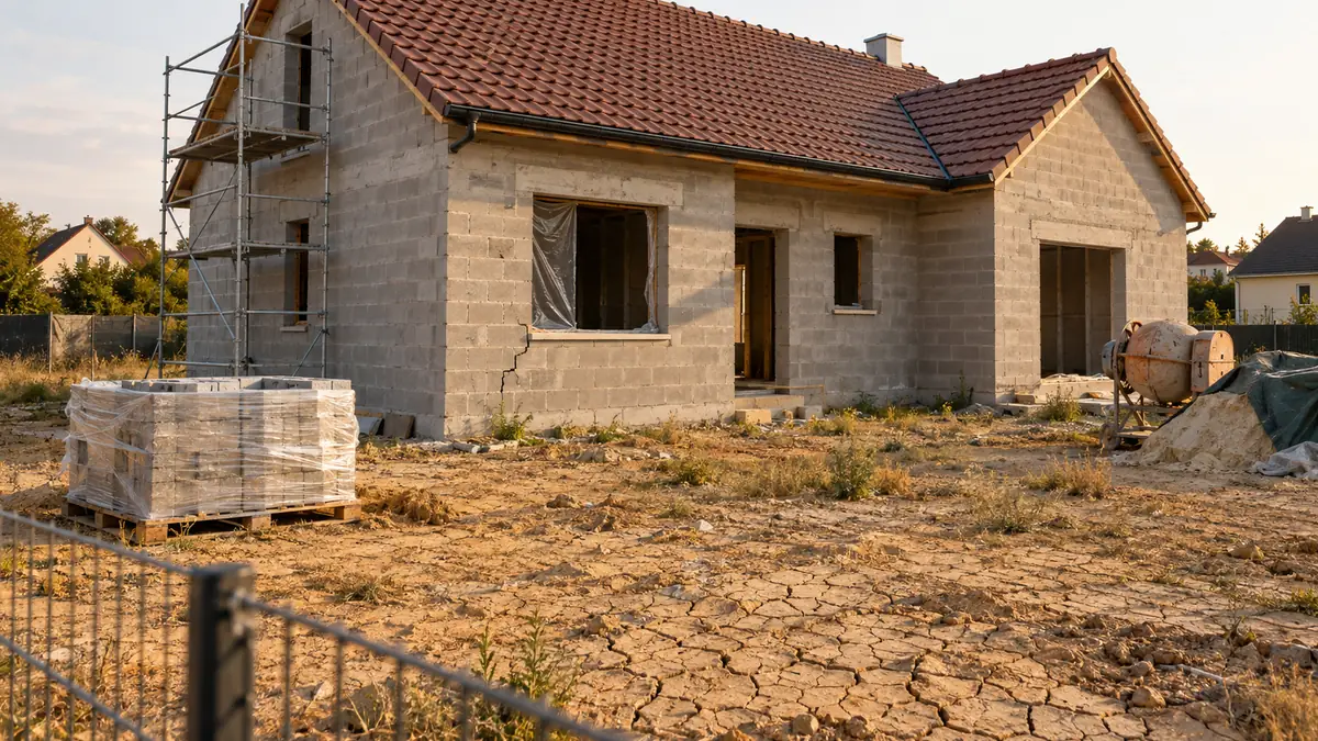 Maison neuve en blocs béton bruts au stade hors d'eau sur un terrain argileux craquelé, avec une fissure en escalier sous l'angle d'une fenêtre du rez-de-chaussée