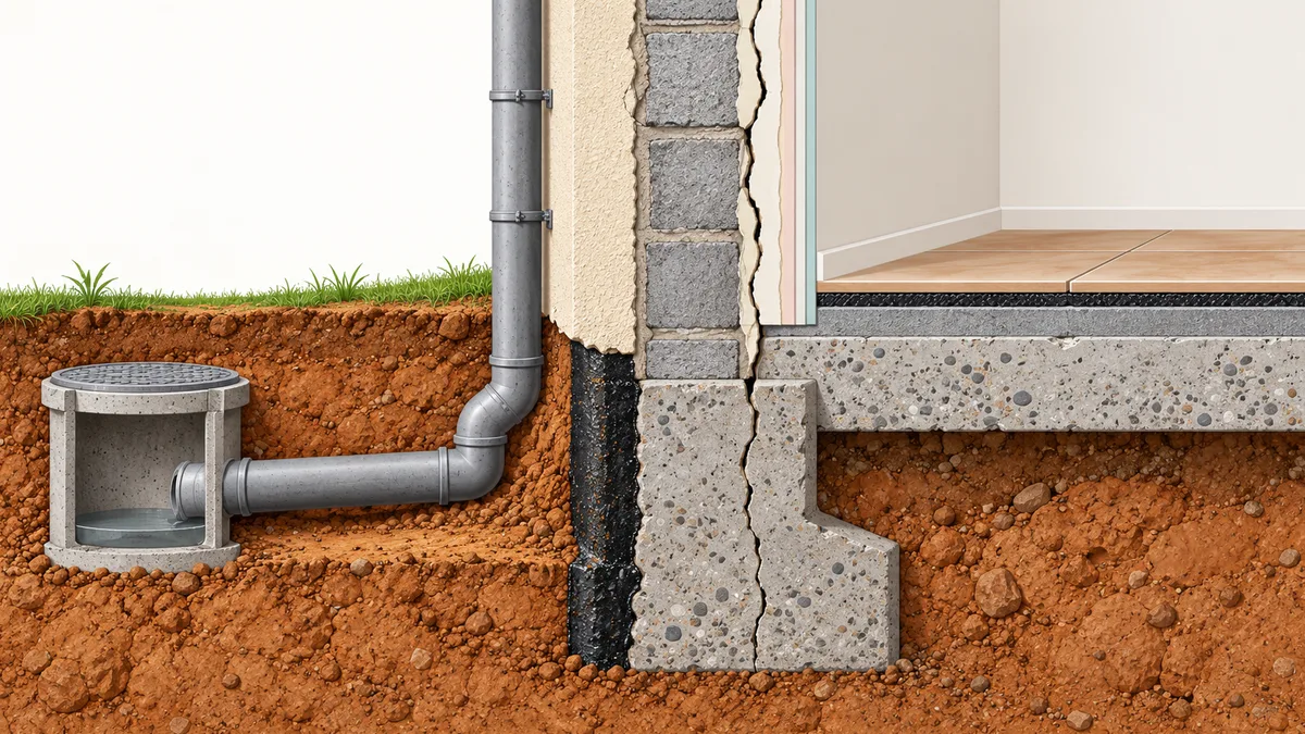 Illustration technique en coupe d'un pied de maison fissurée : enduit de façade, mur, badigeon bitumineux sur la fondation, dallage intérieur avec revêtement collé, et descente d'eaux pluviales reliée à un regard enterré.