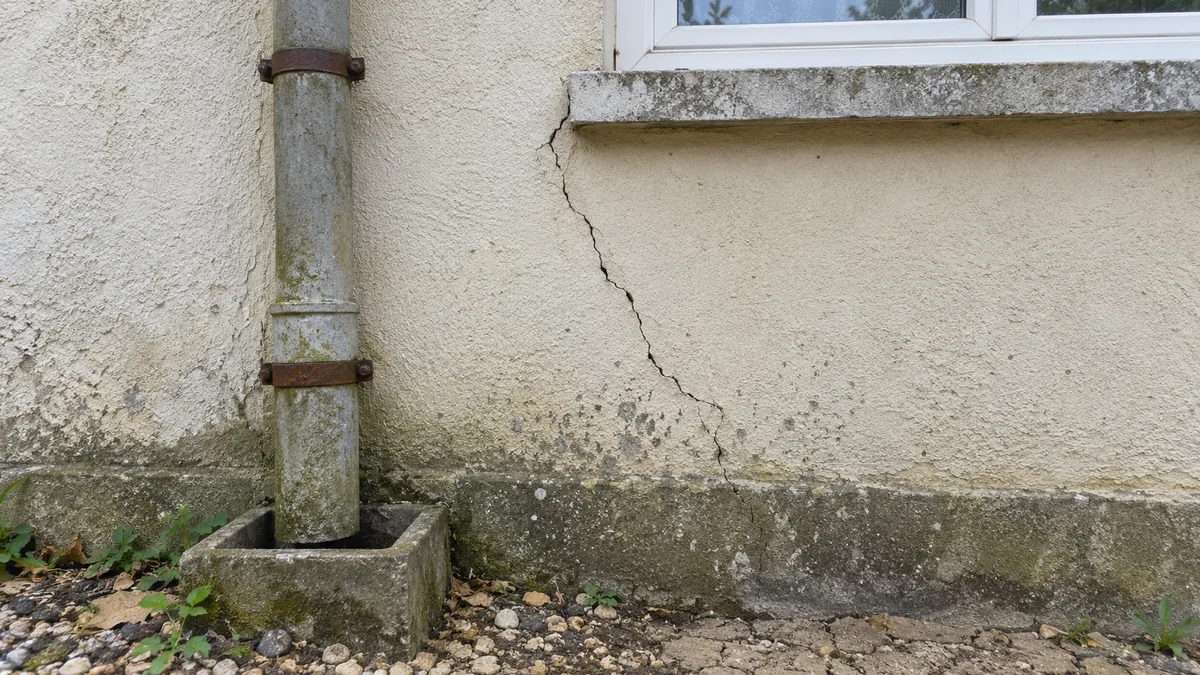 Photographie d'une vieille descente d'eaux pluviales grise en fibrociment fixée contre la façade enduite d'un pavillon, au pied d'une fissure qui descend du rebord de fenêtre jusqu'au sol.