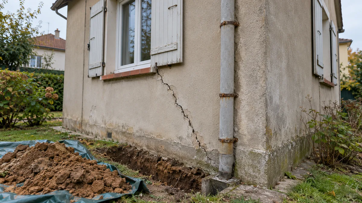 Pavillon ancien à la façade enduite fissurée, avec une vieille descente d'eaux pluviales grise en fibrociment au pied du mur, avant des travaux de reprise