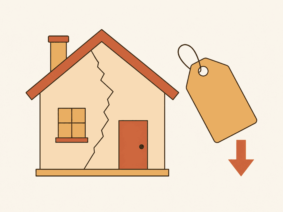 Illustration graphique en aplats de couleur d'une maison fissurée avec une étiquette de valeur vénale réévaluée à la baisse, symbolisant la décote pour désordres dans une succession