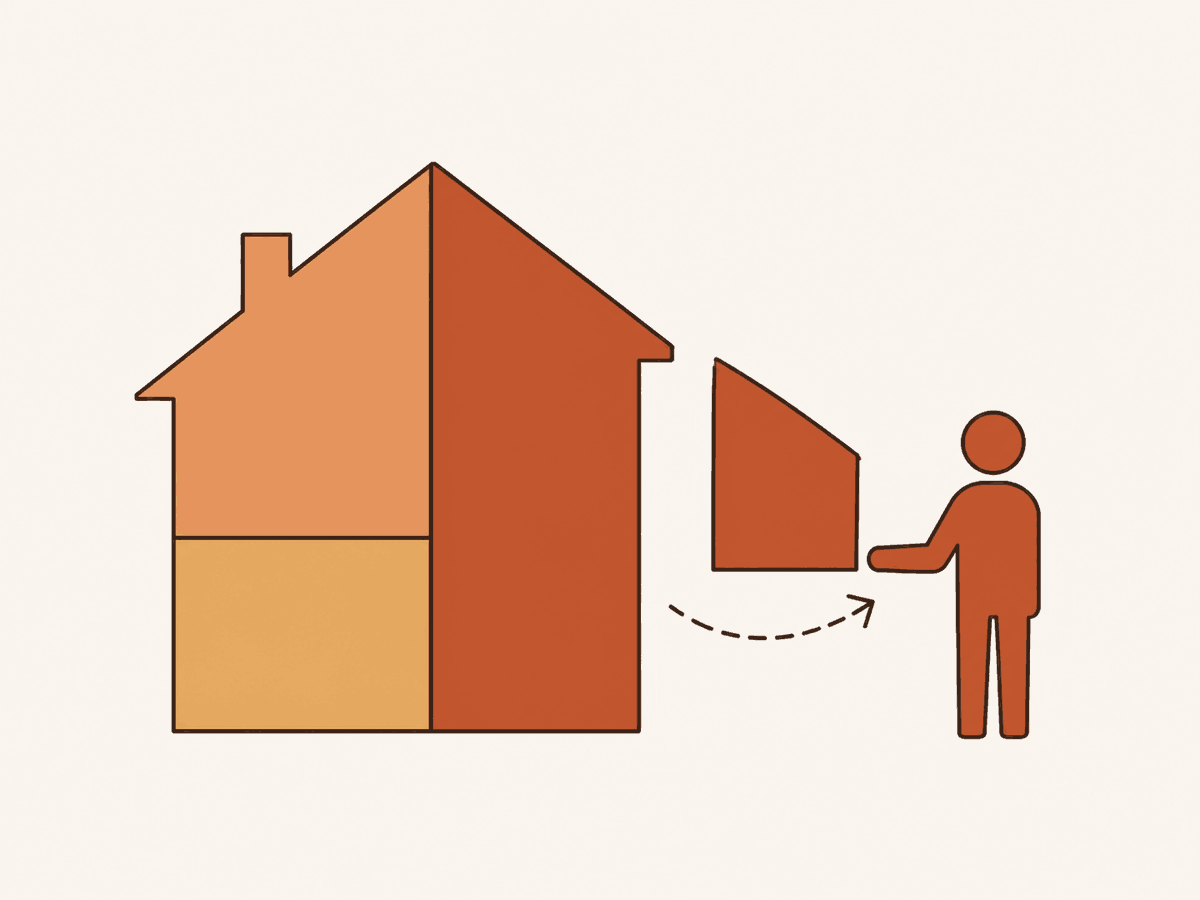 Illustration graphique en aplats de couleur d'une maison partagée en parts entre plusieurs héritiers, symbolisant le rachat de soulte en indivision