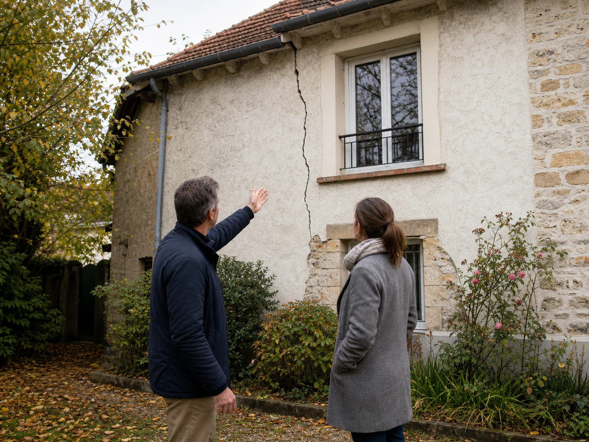 Deux membres d'une même fratrie debout devant la façade fissurée de la maison familiale héritée, observant ensemble une fissure verticale, lumière d'automne