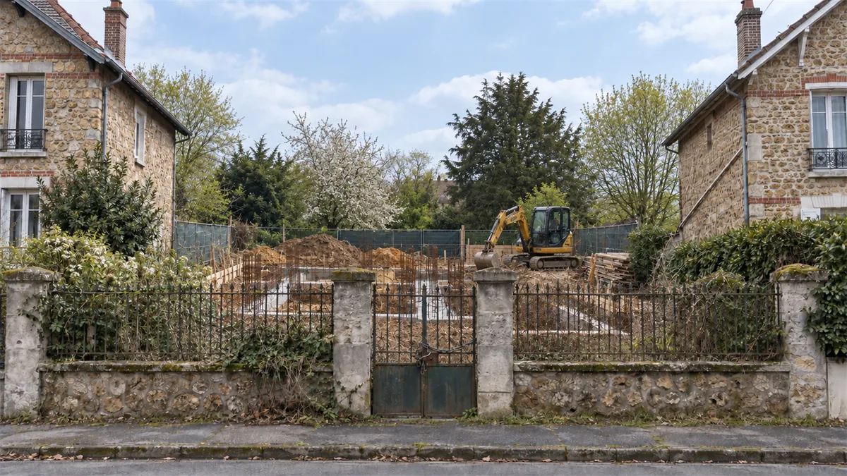 Même parcelle pavillonnaire après démolition : fouilles de fondations profondes, armatures d'acier et béton frais coulé dans une tranchée, maisons voisines en meulière en arrière-plan