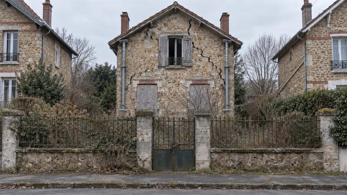 Pavillon en meulière abandonné, façade traversée de larges fissures en escalier, fenêtres condamnées par des panneaux de bois, étais métalliques plantés contre le pignon