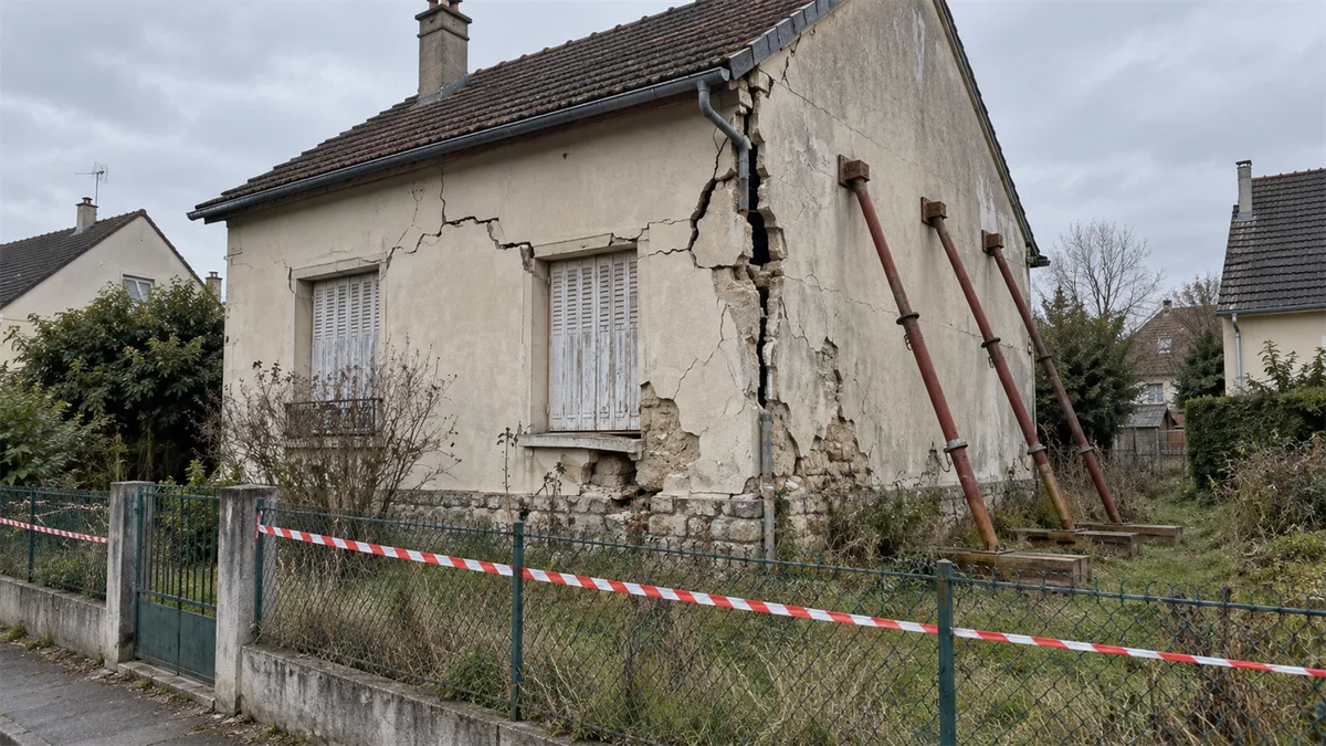 Pavillon de banlieue parisienne lourdement fissuré, pignon maintenu par des étais métalliques, volets fermés et rubalise de chantier devant la clôture