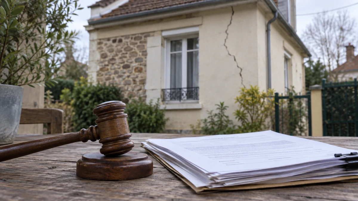 Marteau de commissaire de justice posé sur un cahier des conditions de vente, façade fissurée d'un pavillon francilien visible en arrière-plan flou, aucune personne dans le cadre