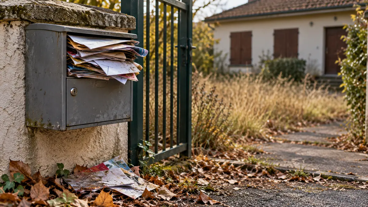 Boîte aux lettres débordant de courrier et de prospectus devant le portail d'un pavillon aux volets fermés, herbe sèche et jaunie au premier plan
