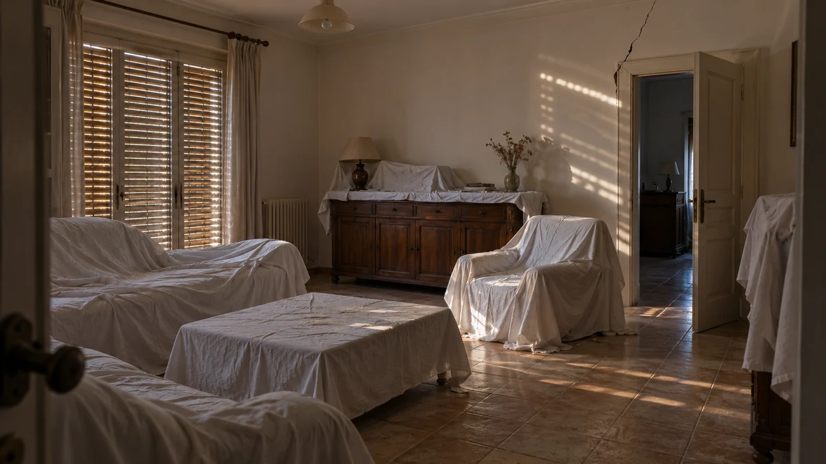 Salon d'une maison inoccupée aux meubles recouverts de draps blancs, éclairé par la lumière filtrée des volets, avec une fissure en biais partant de l'angle d'une porte
