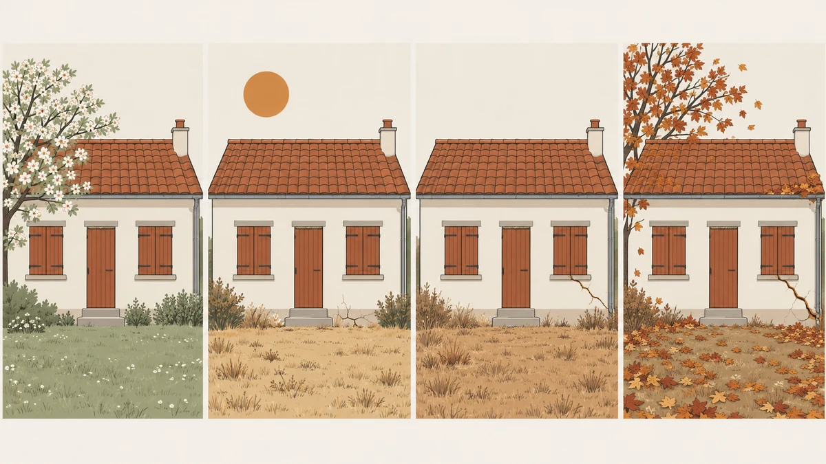 Illustration en quatre panneaux d'un même pavillon aux volets fermés, du printemps à l'hiver : le jardin s'assèche, l'herbe jaunit, une fissure apparaît en façade à la fin de l'été puis s'élargit à l'automne