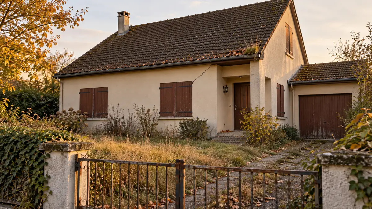 Pavillon fermé depuis des mois, volets clos et herbes hautes sèches derrière le portail, avec une fissure en biais qui monte de l'angle d'une fenêtre vers le bord du toit