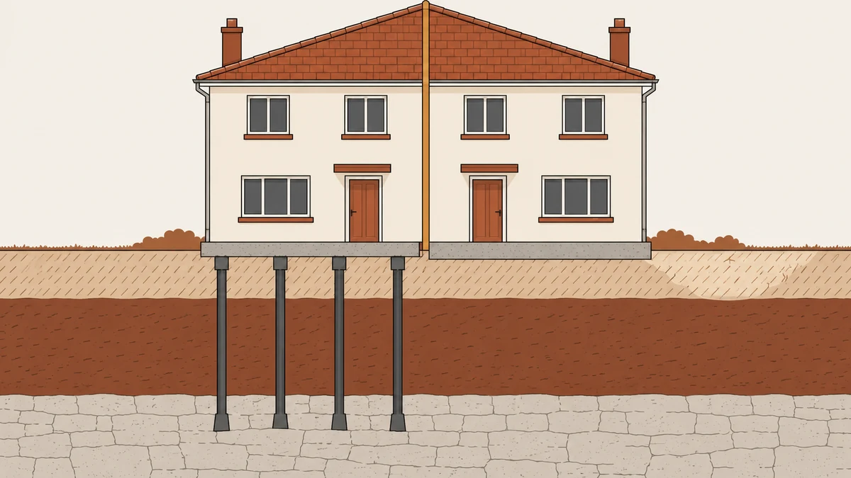 Illustration en coupe de deux maisons jumelées séparées par un joint vertical scié dans le mur commun, la maison de gauche reposant sur des micropieux ancrés dans un sol profond et stable