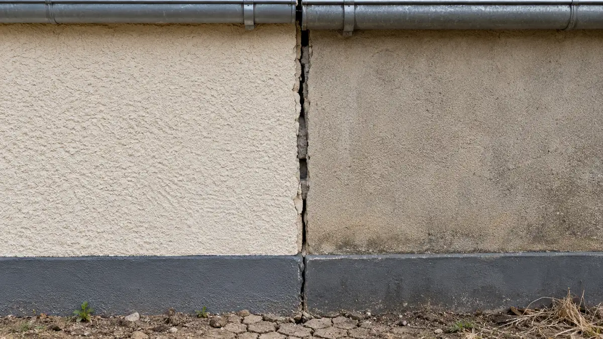 Fissure verticale ouverte à la jonction de deux façades de maisons jumelées, enduits de teintes différentes de part et d'autre, sous une gouttière commune