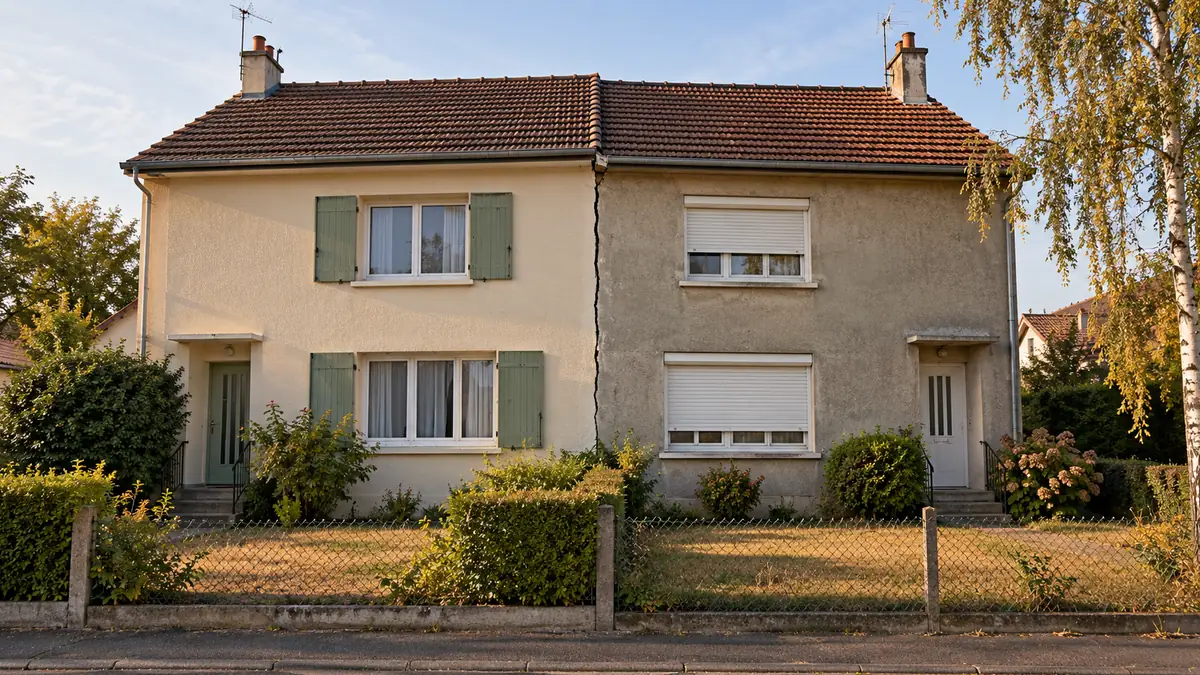 Deux pavillons jumelés sous un même toit dans une rue d'Île-de-France en fin d'été, avec une fissure verticale qui court du sol à la gouttière exactement à la jonction des deux maisons