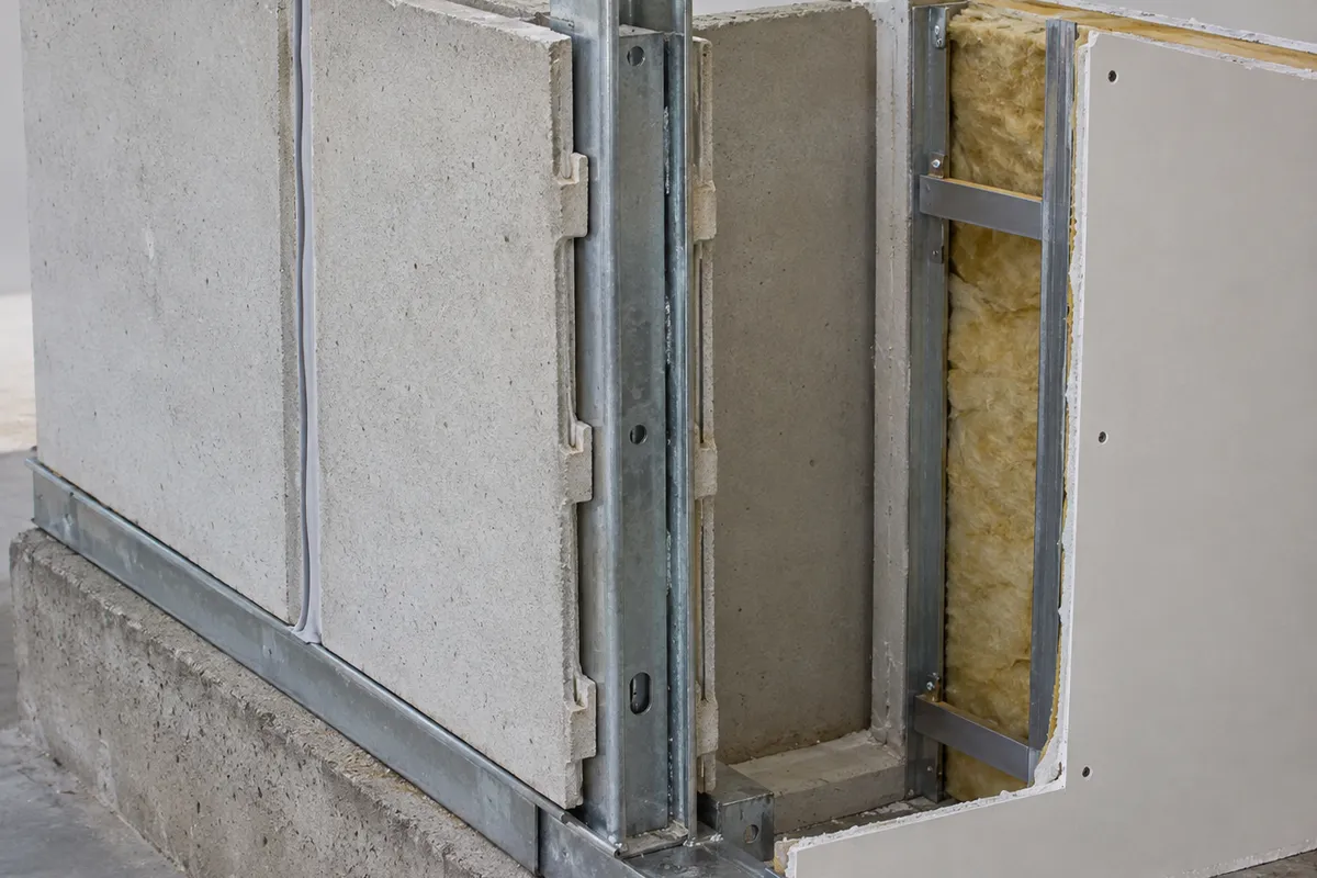 Écorché technique en trois dimensions d'un mur de maison Phénix montrant le poteau en acier galvanisé ancré sur sa lisse basse, les panneaux de béton préfabriqués emboîtés de part et d'autre, le joint de façade et le doublage intérieur, sans aucun texte ni personne