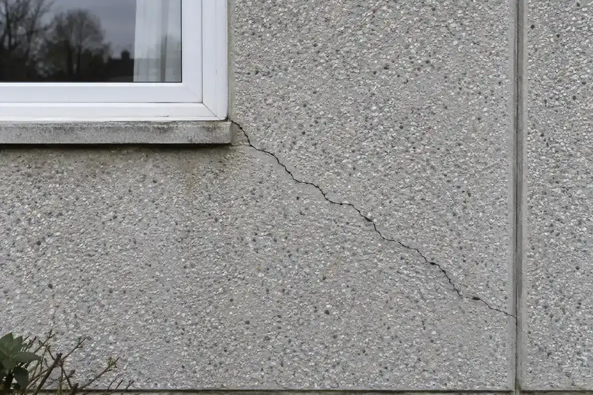 Panneau de béton gris d'une façade de maison Phénix traversé par une fissure oblique sinueuse qui part de l'angle inférieur d'une fenêtre et descend vers le joint voisin, aucune personne