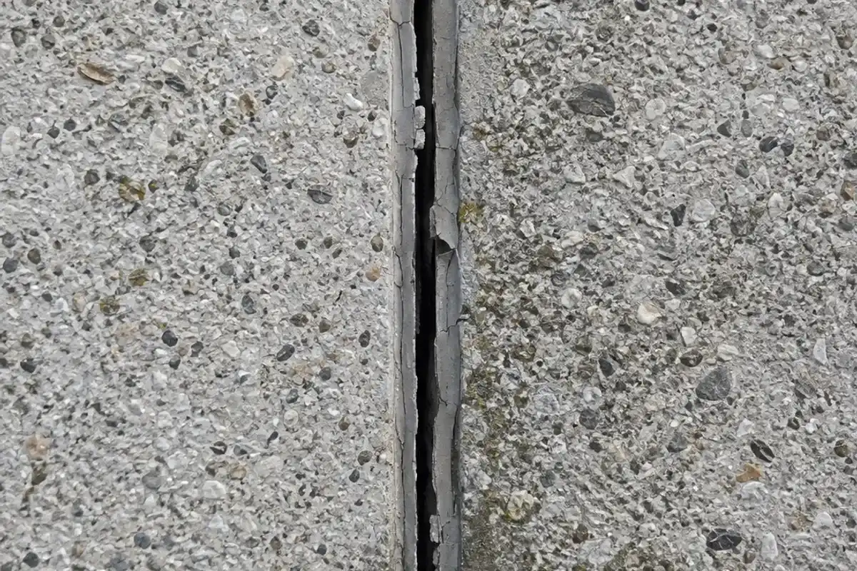 Gros plan d'un joint vertical rectiligne entre deux panneaux de béton gris d'une façade de maison Phénix, mastic d'origine fendu et décollé sur toute la hauteur, légère trace d'humidité sous le joint, aucune personne