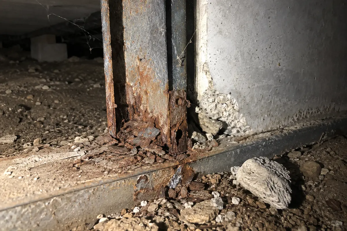 Pied de poteau en acier d'une maison Phénix mis à nu dans un vide sanitaire, rouille feuilletée qui s'écaille à la jonction avec la lisse basse, béton du pied de panneau éclaté à côté, lumière de lampe de chantier, aucune personne