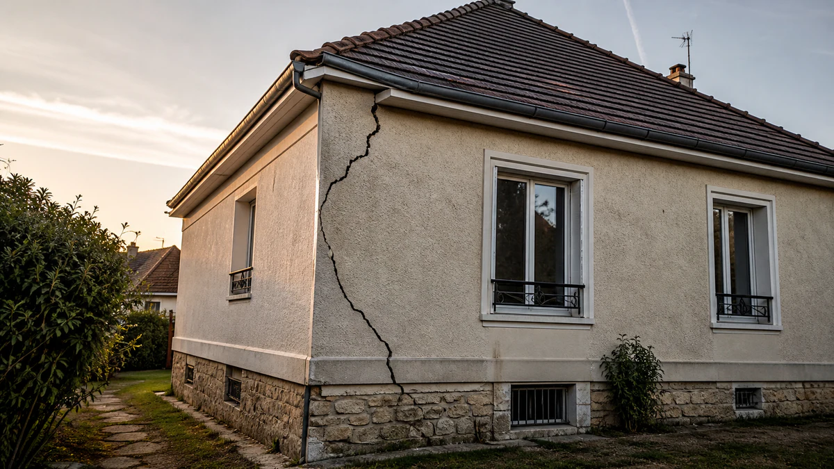 Angle de façade d'un pavillon visiblement incliné vers le sol, la ligne de gouttière décrochée et une fissure diagonale marquée courant depuis l'angle des fondations jusqu'au toit
