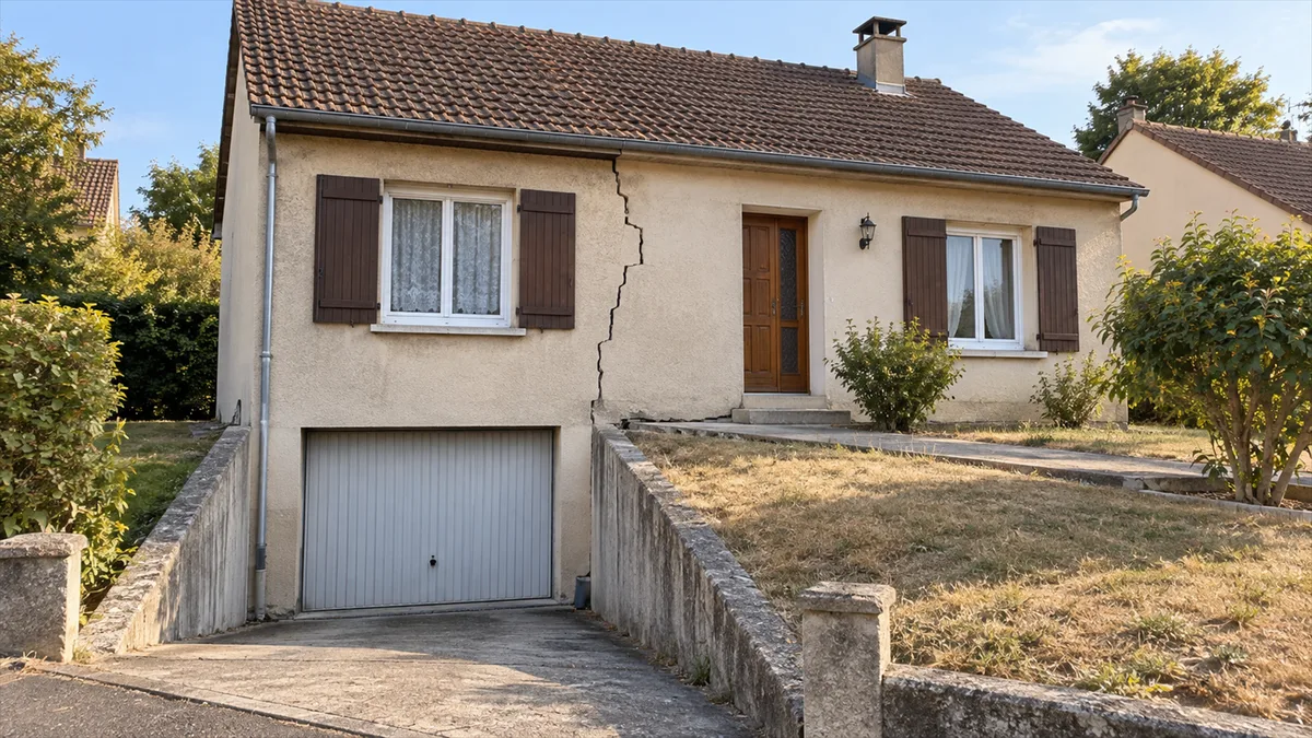 Pavillon des années 1970 sur terrain en pente, garage en sous-sol sous une moitié de la maison, fissure en escalier à la limite entre la partie excavée et la partie de plain-pied