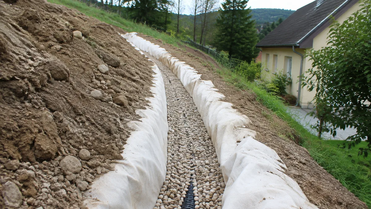 Tranchée de drainage garnie de galets avec drain annelé et géotextile, ouverte en amont d'une maison sur un terrain en pente