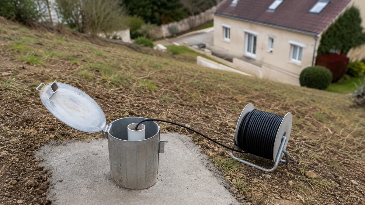 Tête de forage géotechnique protégée par un capot métallique dans un jardin en pente, câble de sonde enroulé au sol, aucune personne dans le cadre