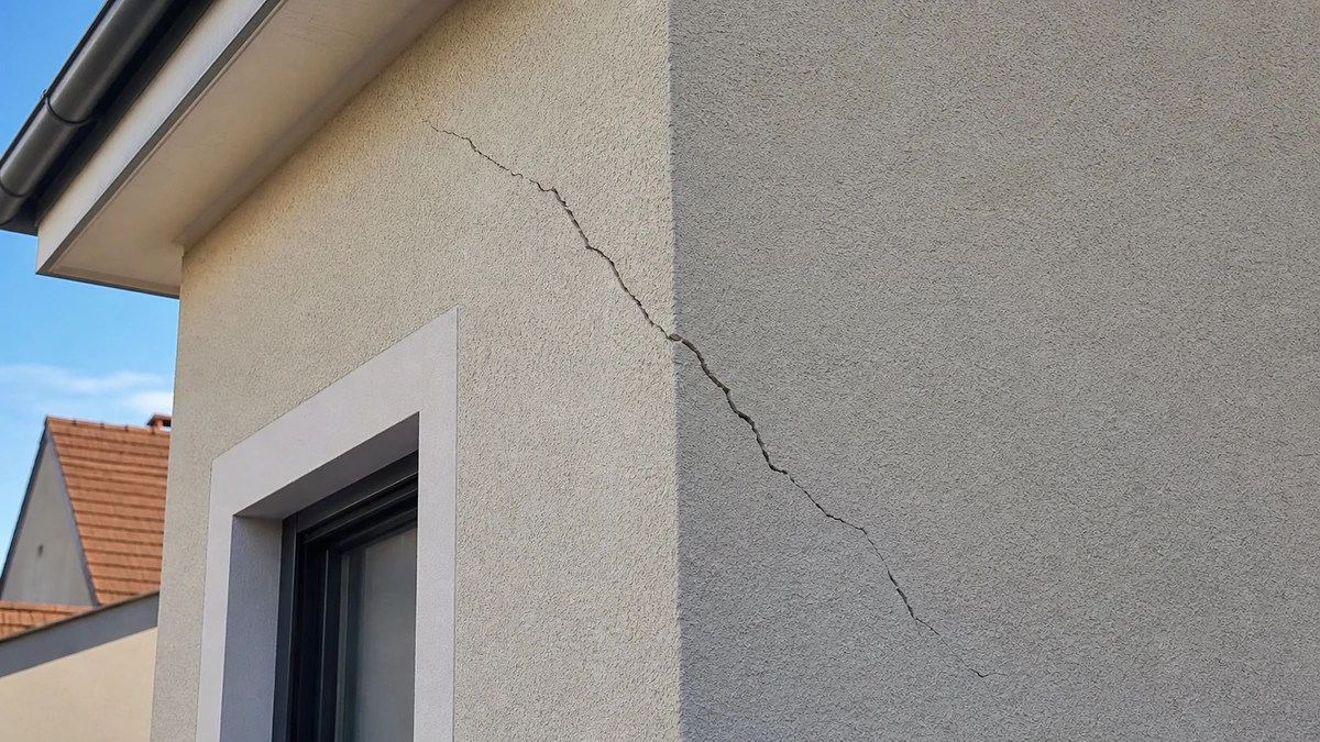Fissure diagonale marquée à l'angle d'une façade de pavillon récent, partant du linteau d'une fenêtre et descendant vers le soubassement, aucune personne dans le cadre